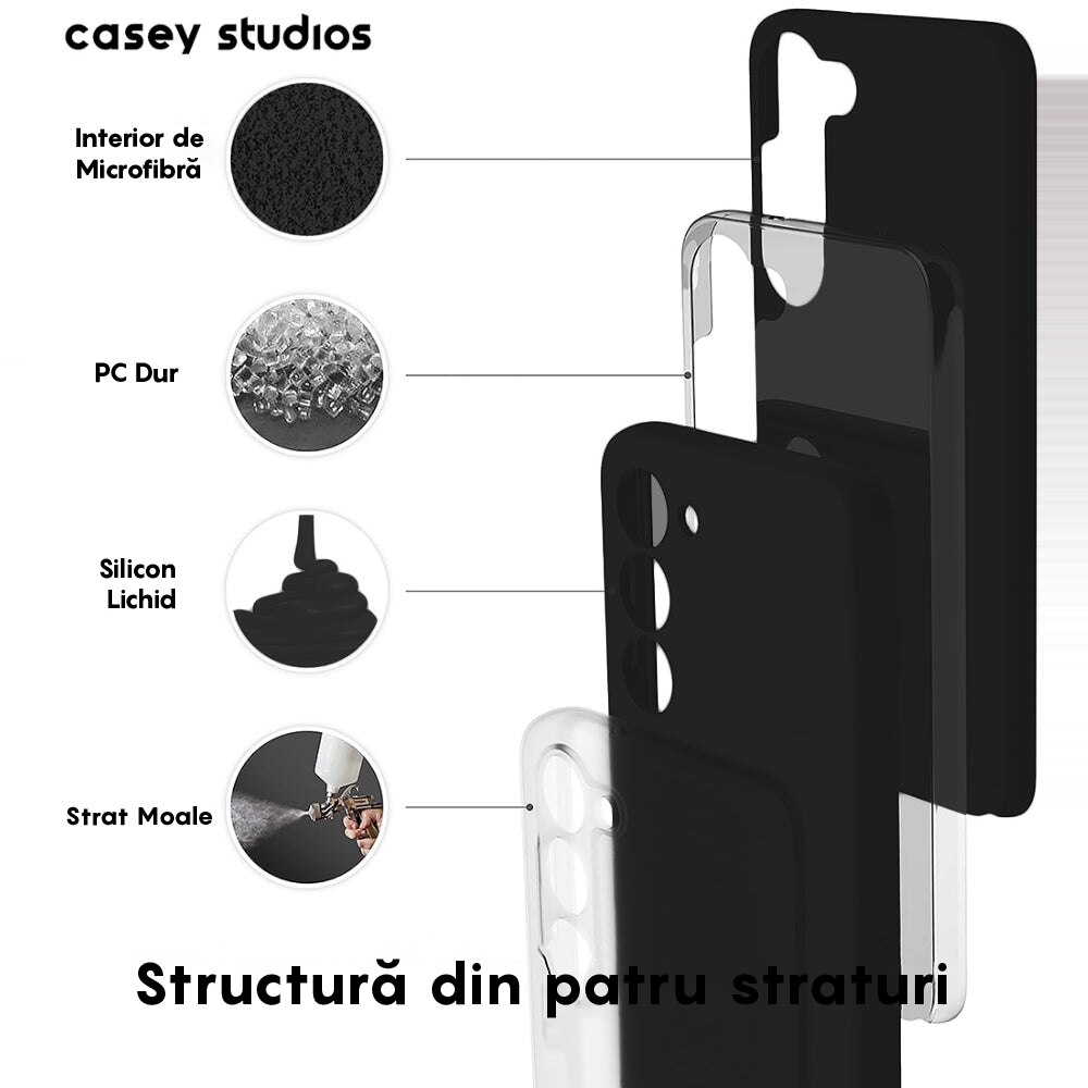Husa CASEY STUDIOS™ compatibila cu Samsung Galaxy S23 Plus, Soft Silicone Premium, Microfibra in Interior, de Protectie, Ultra Slim, compatibila cu Incarcare Wireless, Margini Ridicate pentru Protectia Ecranului si a Camerelor, Anti socuri, Negru
