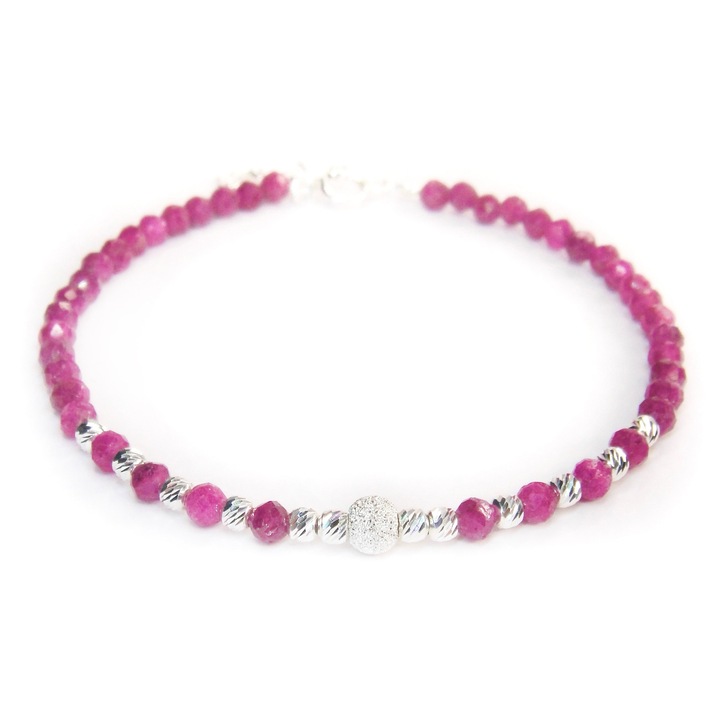Bratara reglabila cu pietre rubin si bile din argint 925 - 15 + 3 cm reglabili