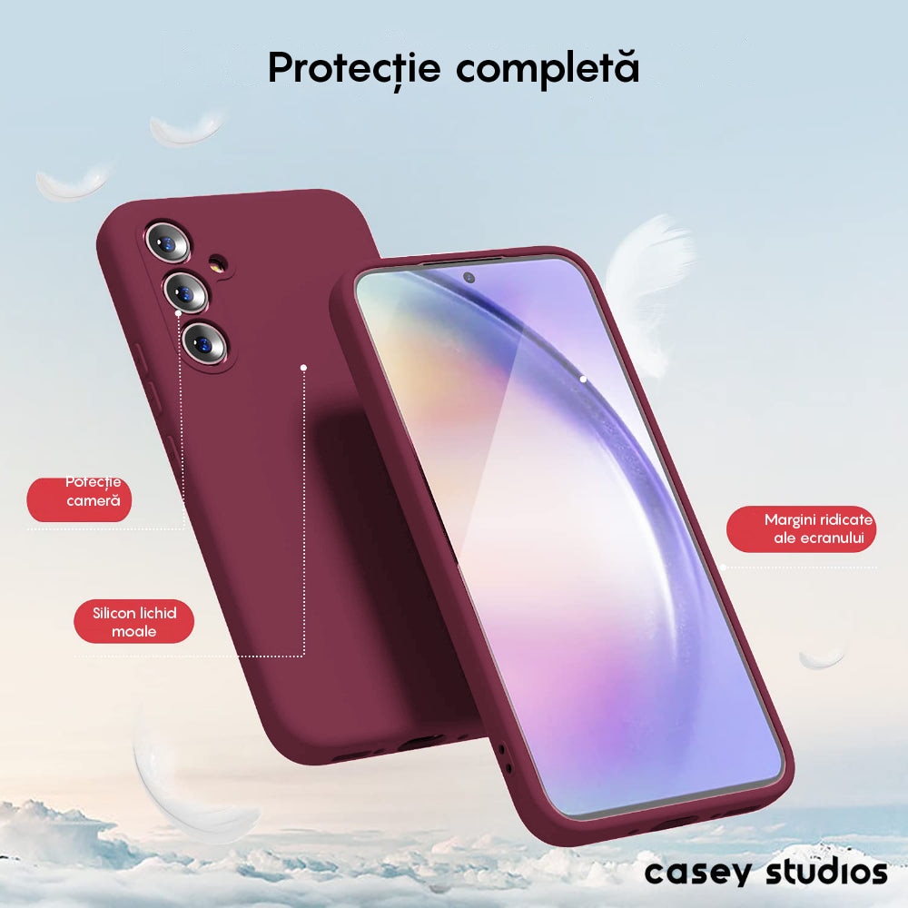 Husa CASEY STUDIOS™ compatibila cu Samsung Galaxy A54, Soft Silicone Premium, Microfibra in Interior, de Protectie, Ultra Slim, compatibila cu Incarcare Wireless, Margini Ridicate pentru Protectia Ecranului si a Camerelor, Anti socuri, Rosu bordo