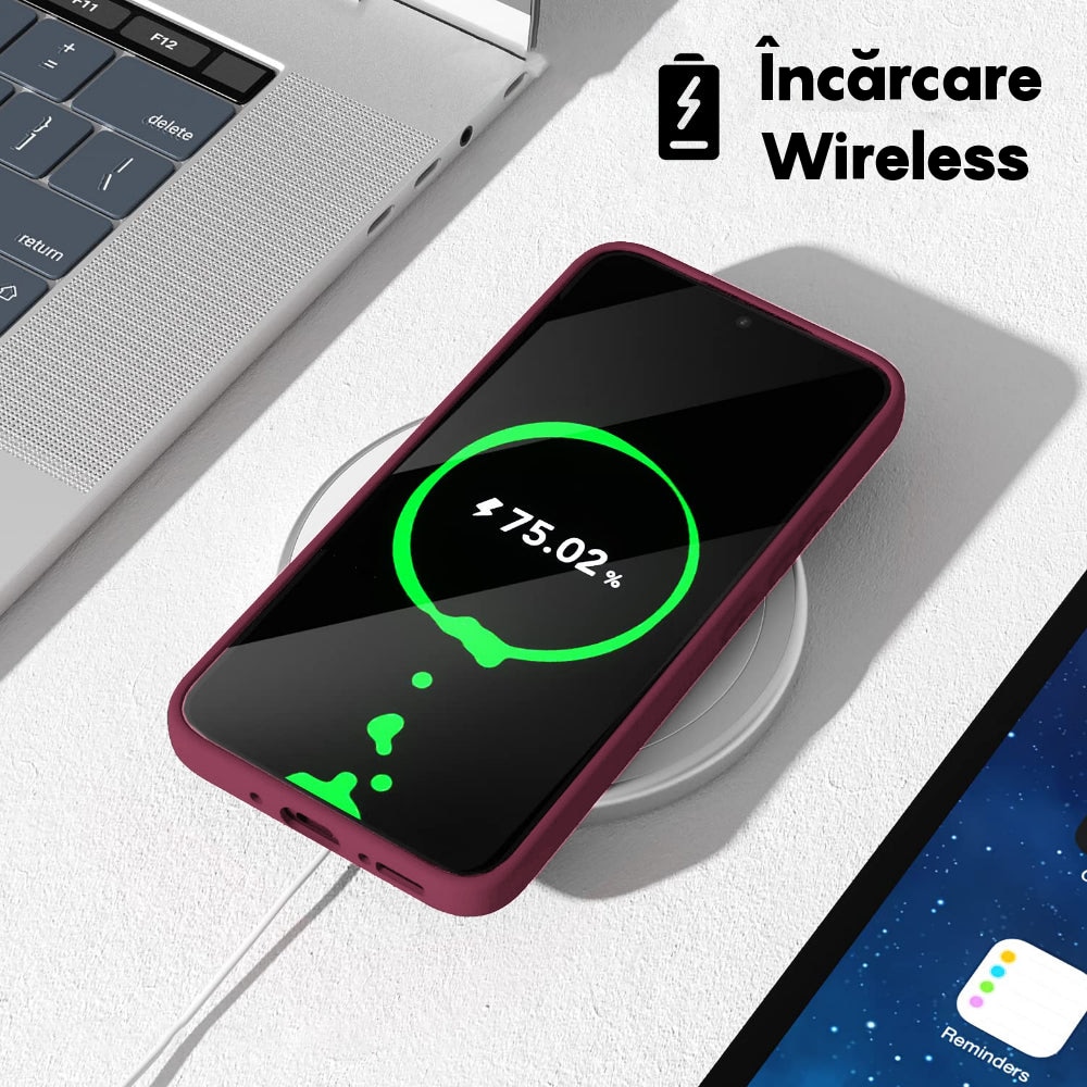 Husa CASEY STUDIOS™ compatibila cu Samsung Galaxy A54, Soft Silicone Premium, Microfibra in Interior, de Protectie, Ultra Slim, compatibila cu Incarcare Wireless, Margini Ridicate pentru Protectia Ecranului si a Camerelor, Anti socuri, Rosu bordo