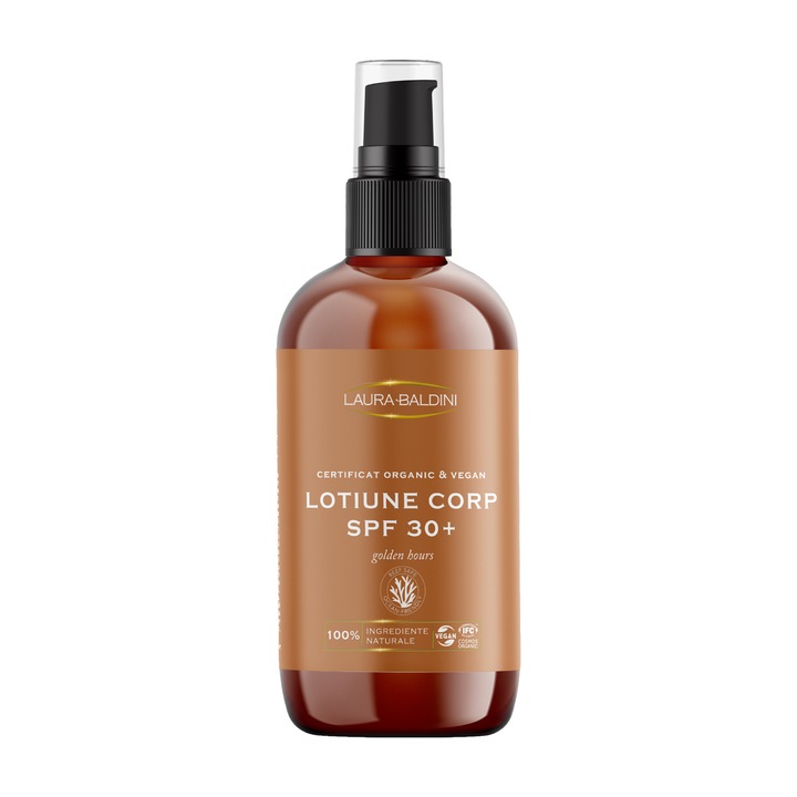 Lotiune corp SPF 30+ GOLDEN HOURS, 100% ingrediente naturale, ORGANIC & VEGAN, Laura Baldini, 200ml, Laura Baldini