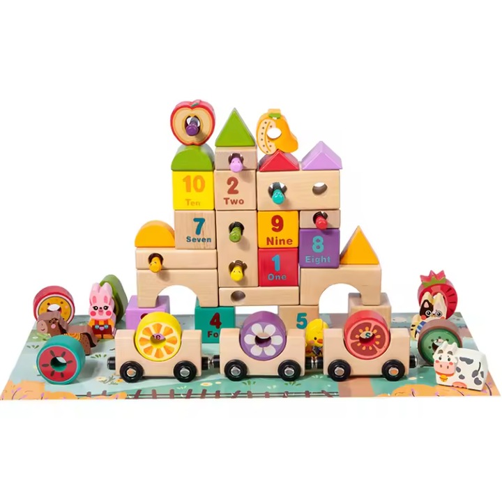 Set Educational cu Blocuri - Ferma Colorata din Lemn