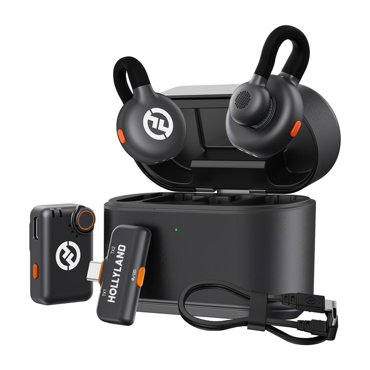 Microfon Lavalier Wireless Hollyland Lark M2S pentru Camera/iPhone/Android, Raza 300m, Clip Titan, Anulare Zgomot, Durata 30h, Live Streaming/Vlog (2TX+2RX+Cablu Lightning)