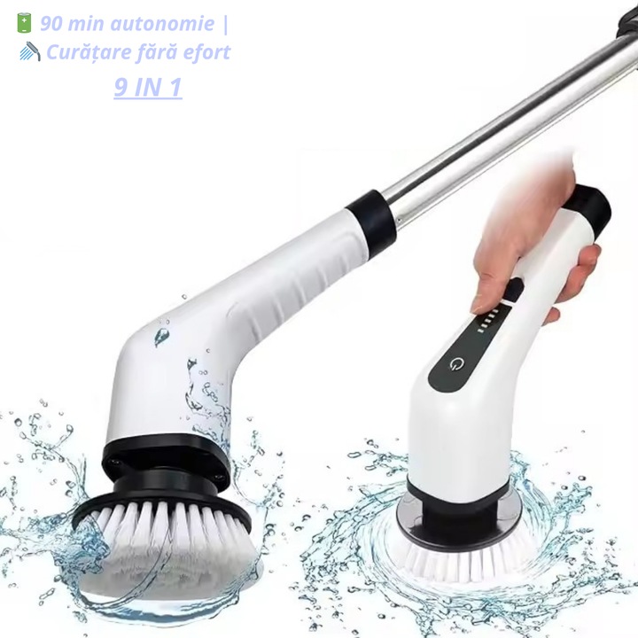 Perie Electrica Rotativa 9 IN 1, Fara fir,9 Capete de Perie Inlocuibile, Pentru Baie, Bucatarie, Podea, Masina, Cada, Curatare Fara Efort, 2 Viteze, Maner Extensibil 137 cm, Reincarcabila USB