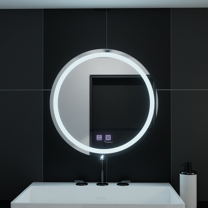 Oglinda LED Rotunda 60 cm, Touch, Dimabila, Sistem Dezaburire, Lumina Rece, Design Modern