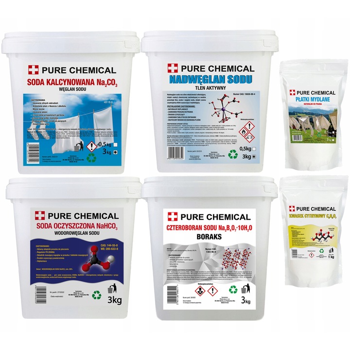 Set de produse de curatare, Chosa, Pure Chemical, 5 Kg, Percarbonat De Sodiu, Borax, Bicarbonat De Sodiu, Soda Calcinata, Acid Citric, Fulgi De Sapun, 100% Biodegradabil, Fara Parfum, Pentru Toate Suprafetele Lavabile, Eficient In Curatare, 6 Bucati