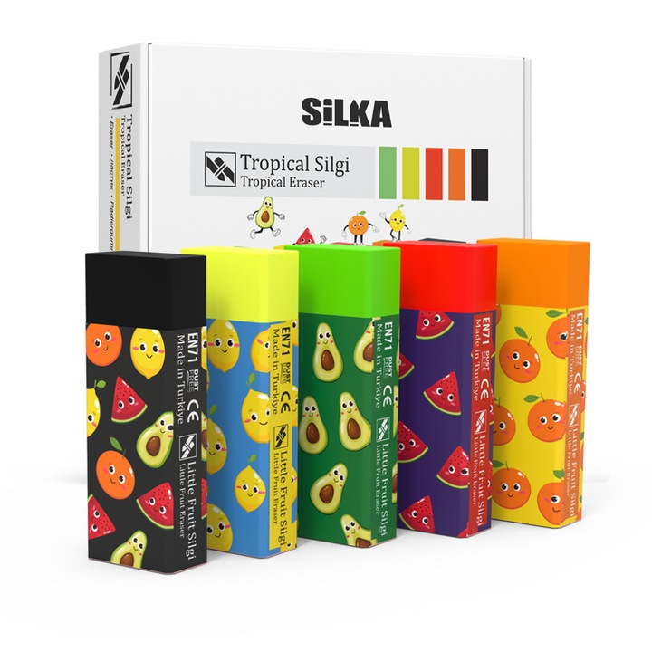 Cutie Cu Radiere Pt Creion, Nu Lasa Reziduuri, 20buc/cutie, Silka Tropical - Design Fructe