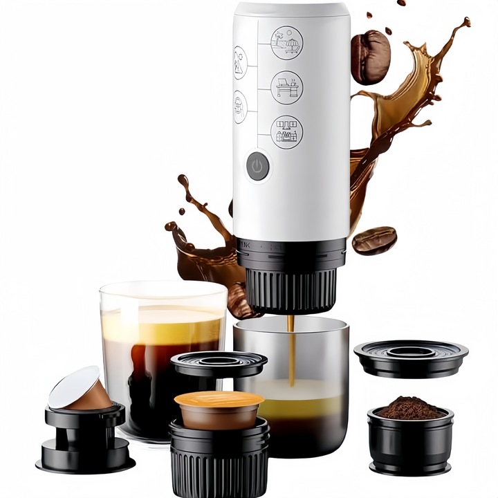 Espressor portabil automat, RorAem, Espressor portabil 10W, 2600mAh, 17 bar, 120ml, ompatibil capsule Nespresso si Dolce Gusto, cafea macinata, Compatibil cu apa calda si rece, Compact and Usor de Utilizat, Pentru Masina, Camping, Calatorii, Birou, Alb