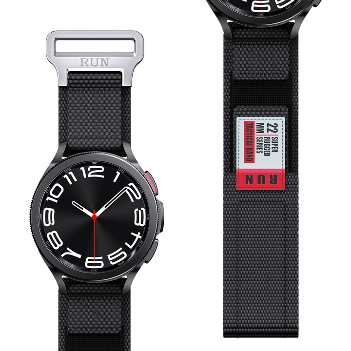 Nylon szíj, kompatibilis Huawei Watch GT2 2E GT3 GT4 GT5 GT 2 3 4 5 46mm 48mm Pro, Samsung Galaxy Watch 46mm, Watch 3 45mm, Gear S3 Classic / Frontier, 22mm, Fekete