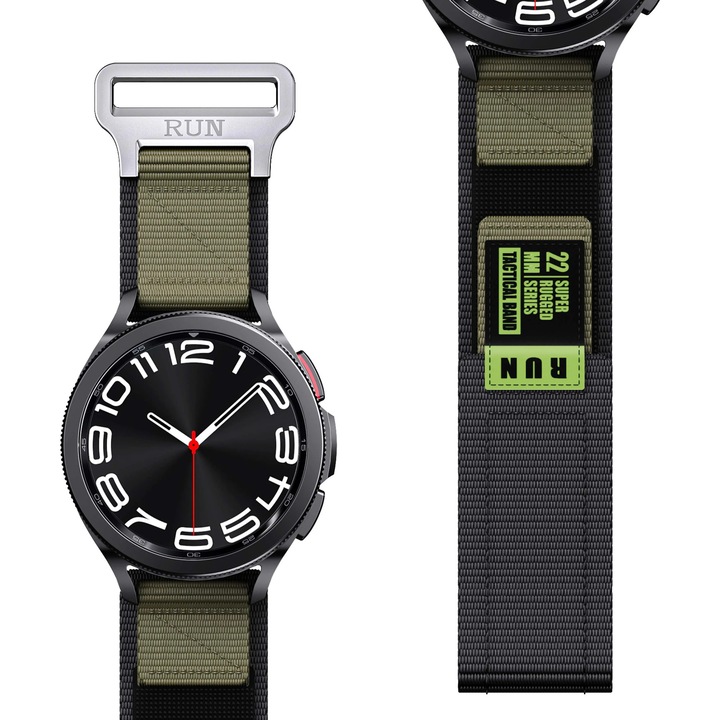 Nylon szíj, kompatibilis Huawei Watch GT2 2E GT3 GT4 GT5 GT 2 3 4 5 46mm 48mm Pro, Samsung Galaxy Watch 46mm, Watch 3 45mm, Gear S3 Classic / Frontier, 22mm, Zöld/Fekete