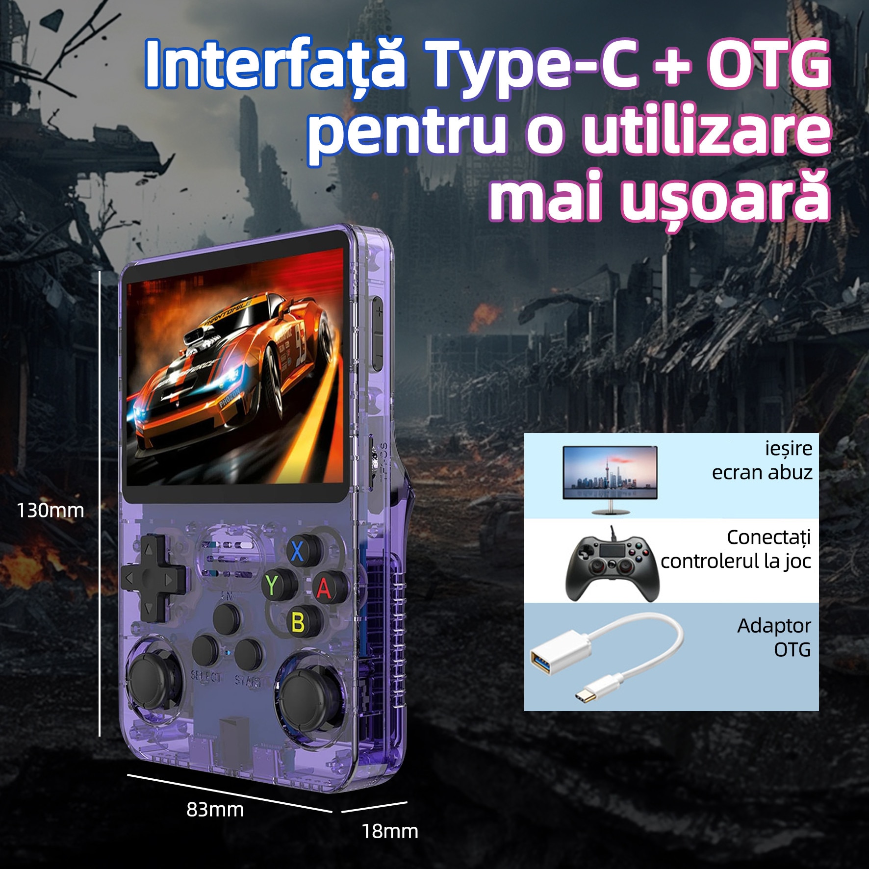 Consola de jocuri portabila retro R36S, Yulinland®, 64G, peste 17000 de jocuri clasice Incorporate, suporta 10 de emulatoare, sistem Linux open source, Transparent, Violet