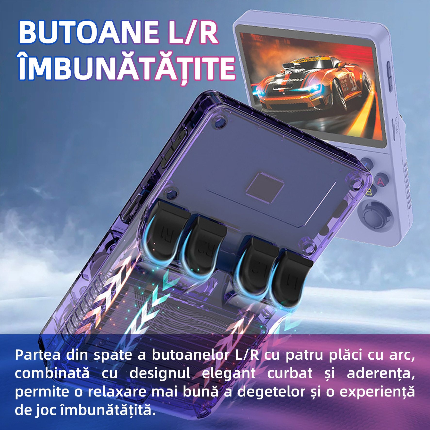 Consola de jocuri portabila retro R36S, Yulinland®, 64G, peste 17000 de jocuri clasice Incorporate, suporta 10 de emulatoare, sistem Linux open source, Transparent, Violet