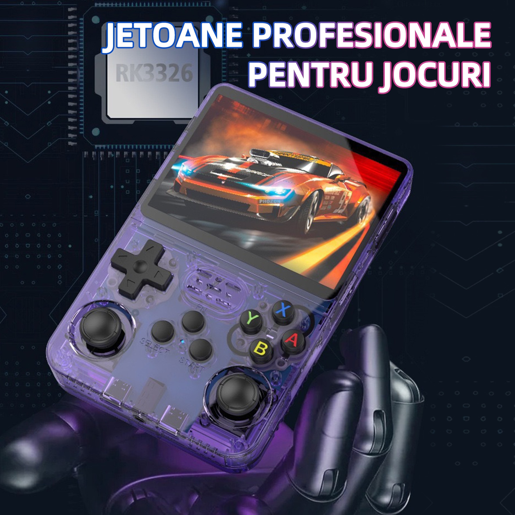 Consola de jocuri portabila retro R36S, Yulinland®, 64G, peste 17000 de jocuri clasice Incorporate, suporta 10 de emulatoare, sistem Linux open source, Transparent, Violet