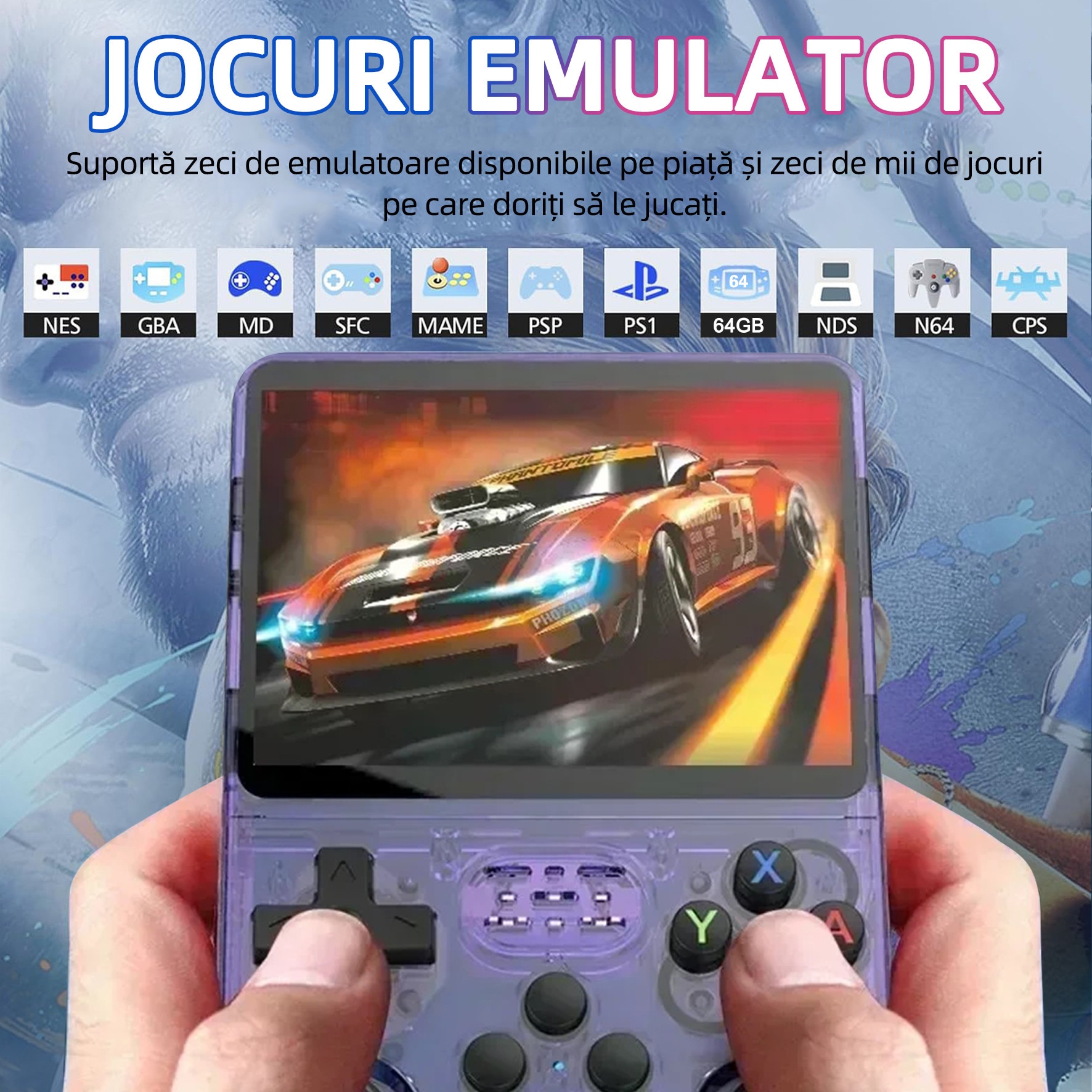 Consola de jocuri portabila retro R36S, Yulinland®, 64G, peste 17000 de jocuri clasice Incorporate, suporta 10 de emulatoare, sistem Linux open source, Transparent, Violet
