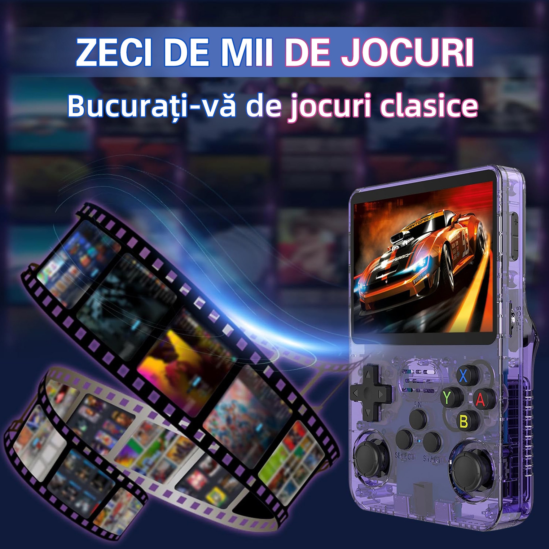 Consola de jocuri portabila retro R36S, Yulinland®, 64G, peste 17000 de jocuri clasice Incorporate, suporta 10 de emulatoare, sistem Linux open source, Transparent, Violet