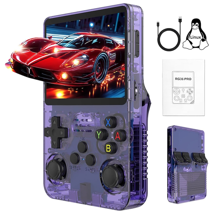 Consola jocuri retro portabila, Yulinland®, Peste 17.000＋ jocuri clasice incorporate, Baterie 2500mAh, Suport 10 emulatoare, Ecran IPS OCA 3.5 inch, Sistem Linux open source, Transparent Violet