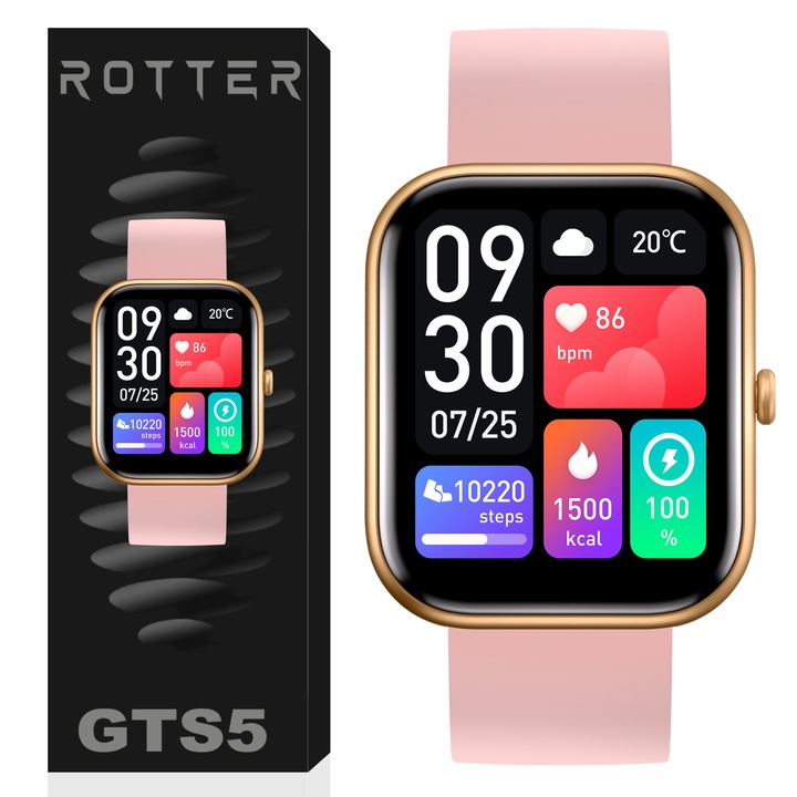 Смарт часовник ROTTER, Фитнес, 1.69" LCD екран, Водоустойчив IP67, Спортна каишка, Bluetooth обаждане/Известия, HD микрофон, IPX4, Съвместим с iOS & Android, Розов