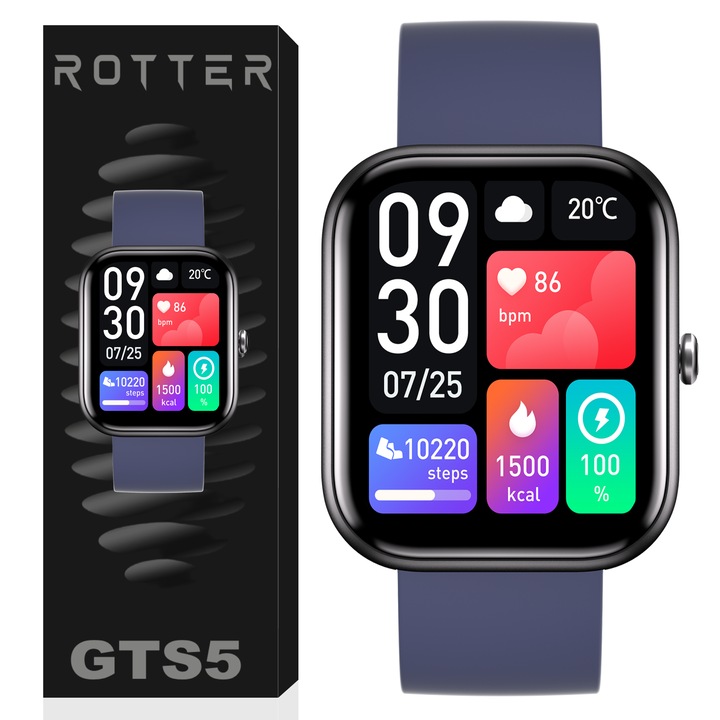 Okosóra, Fitnesz okosóra, 1.69" LCD kijelző, Egészségfigyelő okosóra, IP67 vízálló, ROTTER® okosóra, Bluetooth hívás/Értesítések, IPX4, Sport karkötő, HD mikrofon, Kompatibilis iOS & Android rendszerrel, Szilikon szíj, Kék