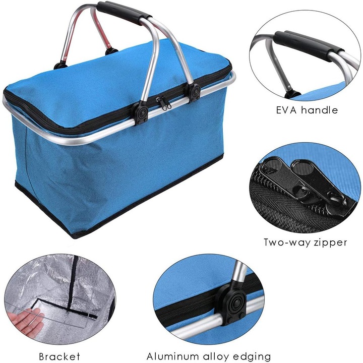Cos picnic pliabil albastru cu maner EVA si fermoar fin 30x25x20cm