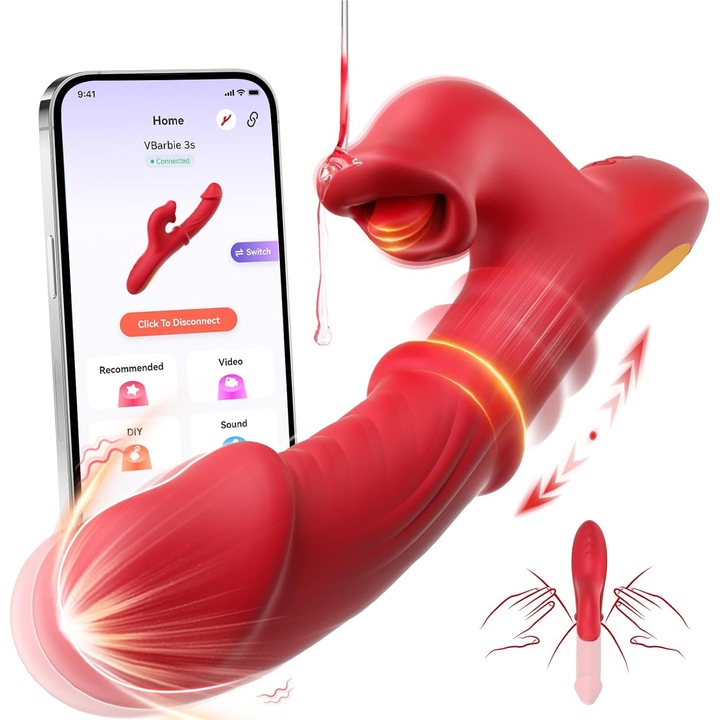 Vibrator tip Rabbit ExtraLove™ JJ10, Stimulator Sexual cu 7 Moduri de Impingere, 10 Moduri de Licking si 10 Moduri de Vibratie, pentru Clitoris si Punctul G, din Silicon Moale, Reincarcabil prin USB, Rezistent la Apa, Rosu