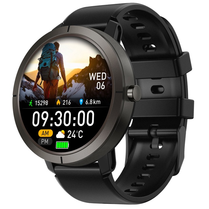 Rainbuvvy DM76 Ceas inteligent GPS pentru sport Ecran AMOLED de 1, 32 inci Ceas de mana rezistent la apa 5ATM Baterie de 360 mAh Compas de altitudine si presiune, negru