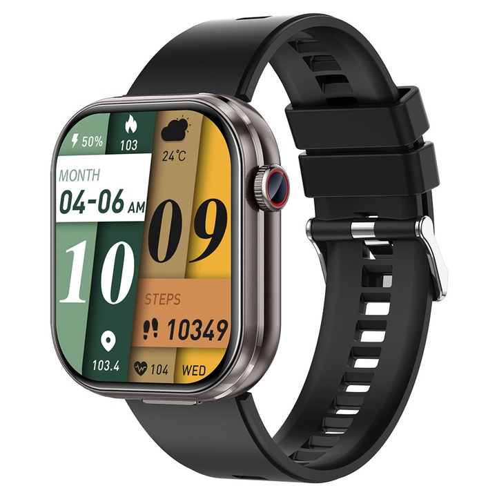 Rainbuvvy T99 TWS okosóra beépített Bluetooth fülhallgatóval, szilikon szíjjal, 2,02 hüvelykes kijelzővel, unisex, fekete