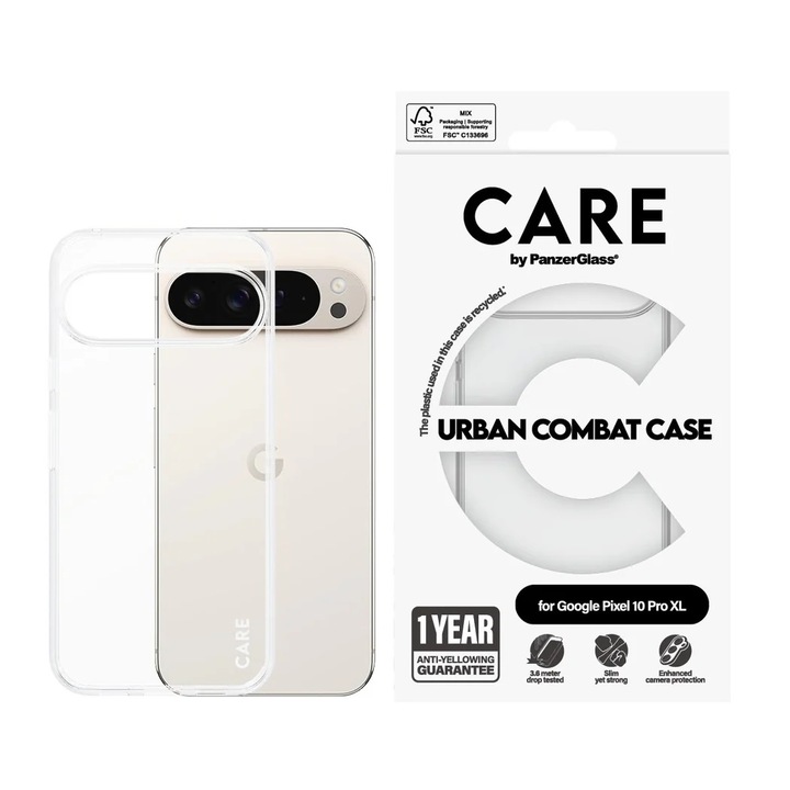 Husa telefon Care by PanzerGlass pentru Google Pixel 10 Pro XL, Carcasă emblematică, Urban Combat, Transparentă