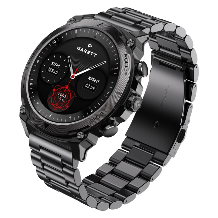 Smartwatch Garett Atom, AMOLED 1.43 inch, bratara din otel, silicon, set cu curea suplimentara, negru