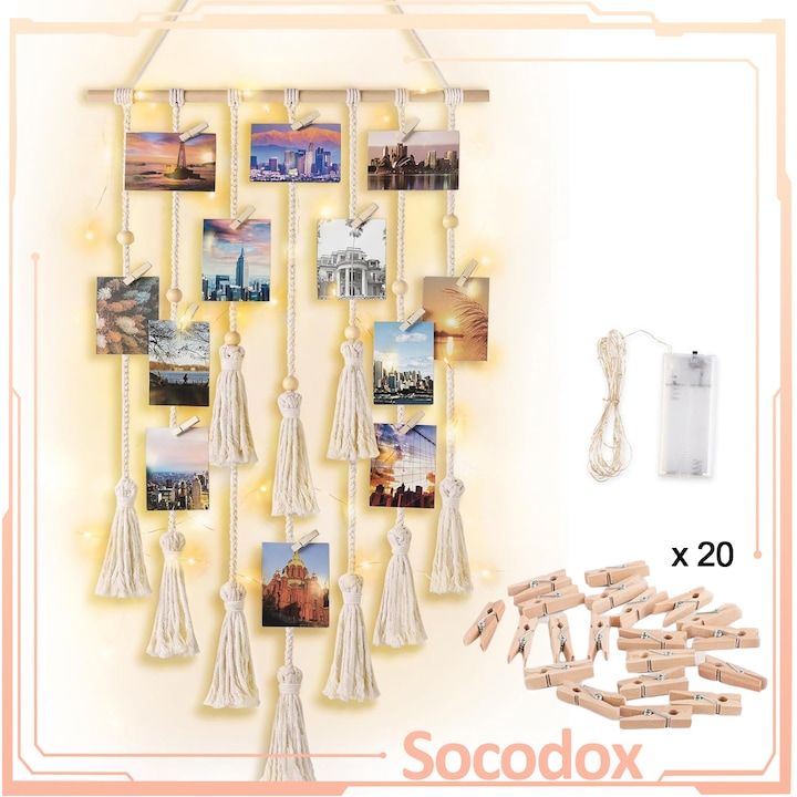 Rama foto decorativ montat pe perete, Socodox, Cu 20 de clema din lemn, Sir de lumini LED, Stil boho, pentru afisarea fotografiilor pe perete, Inregistreaza si expune amintiri frumoase, 38 x 90cm, Bej
