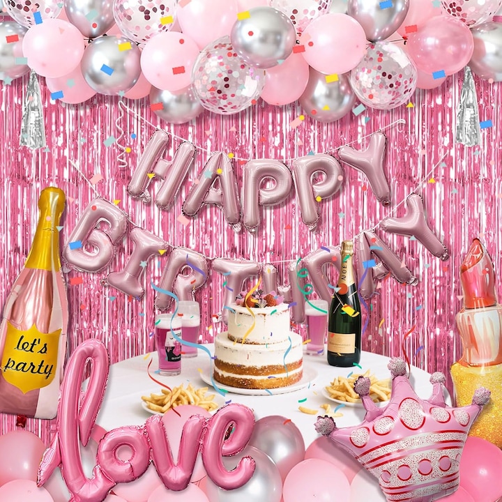 Set 79 baloane si decoratiuni petrecere aniversara, Socodox, Tema Printesa Roz, Petrecere Aniversara, 1 Banner Happy Birthday, 1 balon coroana,1 balon sticla de vin,1 balon dragoste, Latex, Roz