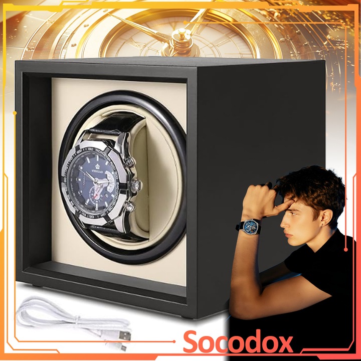 Dispozitiv Watch Winder Business Class, Socodox, Cutie automata pentru ceas, piele premium, interior moale, Silentioasa, Anti-Magnetica, Perna flexibila cu memorie, pentru ceasuri barbati si femei, Incarcare Type-C, Negru
