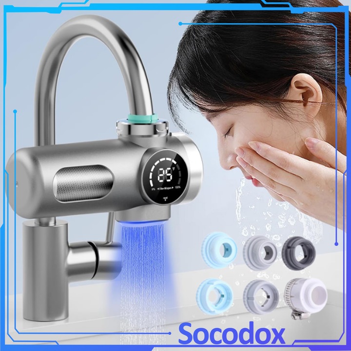 Филтър за вода за кран, Socodox, 8 слоя филтрация, UV антибактериален, технология без захранване, LED дисплей за температура и износване на филтъра, елиминира хлор/ръжда/бактерии, за кухня и баня, бърз монтаж, сребрист