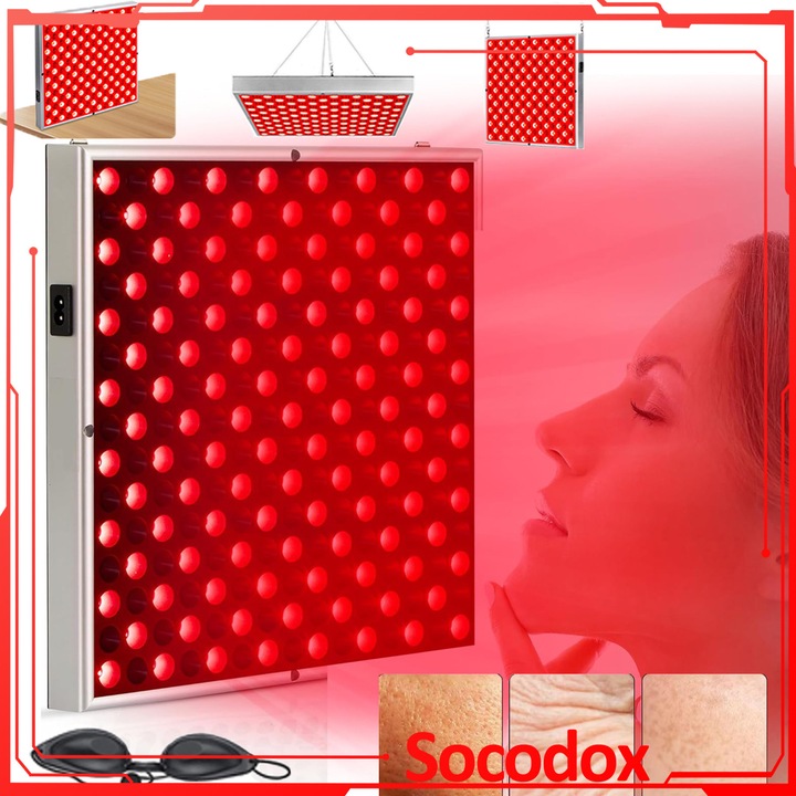 Lampa de terapie cu lumina rosie, Socodox, 225 LED, 660nm si 850nm, pentru frumusetea pielii, ameliorarea durerii musculare si a articulatiilor, utilizare acasa, 45W, patrat, rosu/argintiu