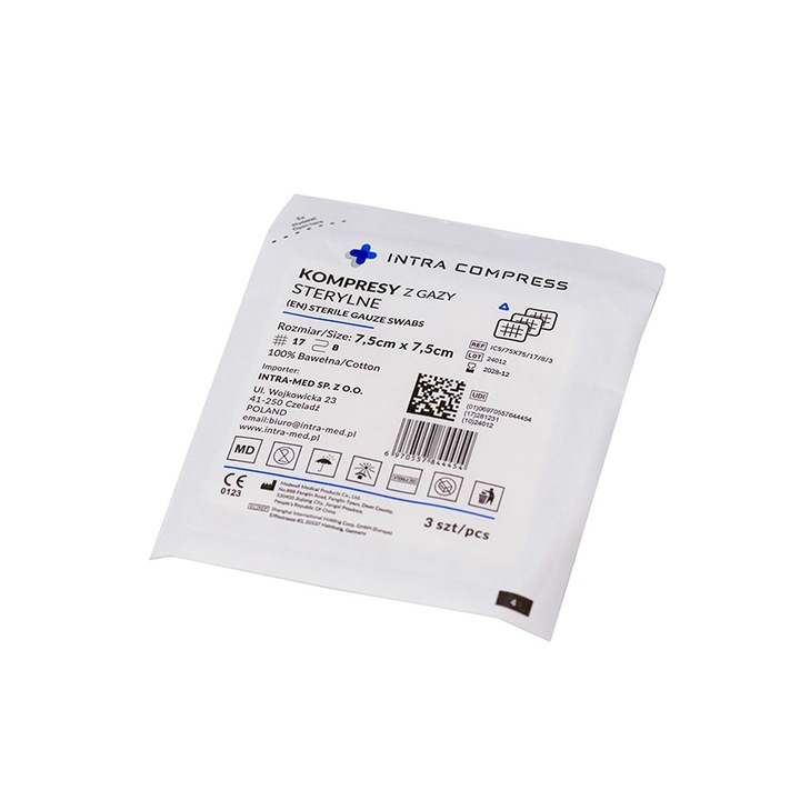 Comprese sterile Intra Compress 7,5 x 7,5 cm, set 10 blistere, tifon medical pentru pansamente, ingrijirea ranilor, igiena, protectie sigura si utilizare profesionala