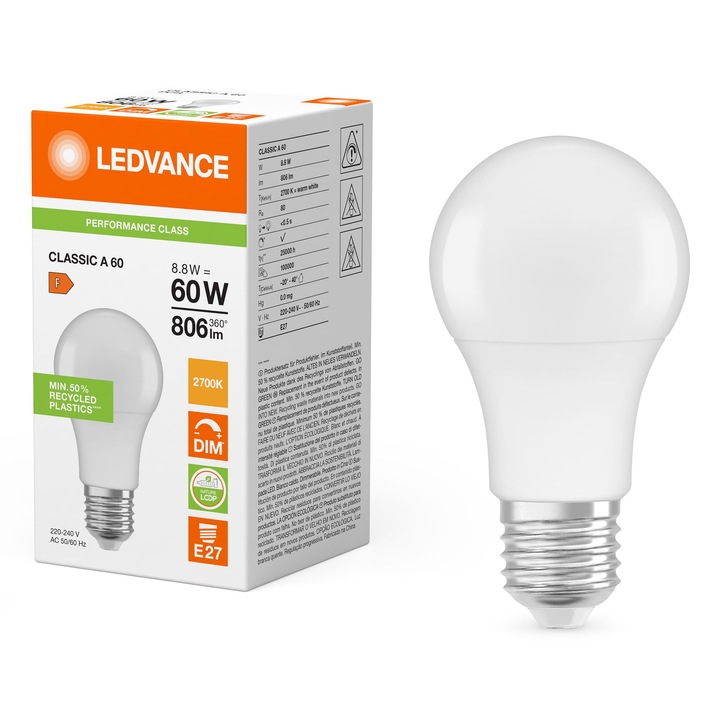 LED крушка E27 8.8W 806lm 2700K топъл цвят, димируема, LEDVANCE