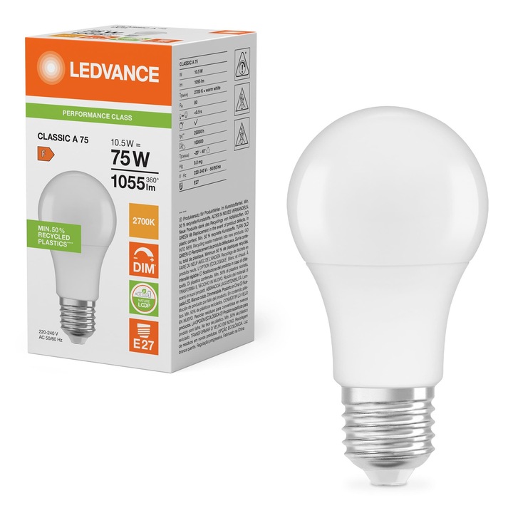 LED крушка E27 Classic 10.5W 1055lm 2700K топъл цвят, димируема, LEDVANCE