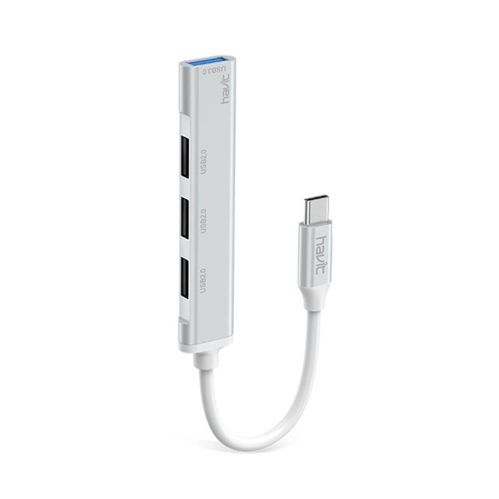 Хъб Type-C към USB 3.0, 3x USB 2.1, кабел 11.8см, Алуминий, Havit HB41, Сребрист