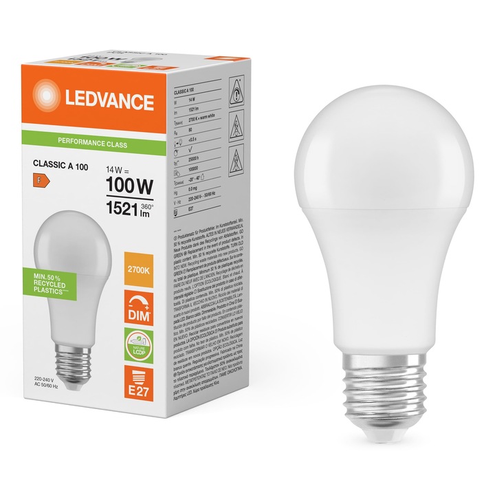 LED крушка E27 Classic 14W 1521lm 2700K топъл цвят, димируема, LEDVANCE