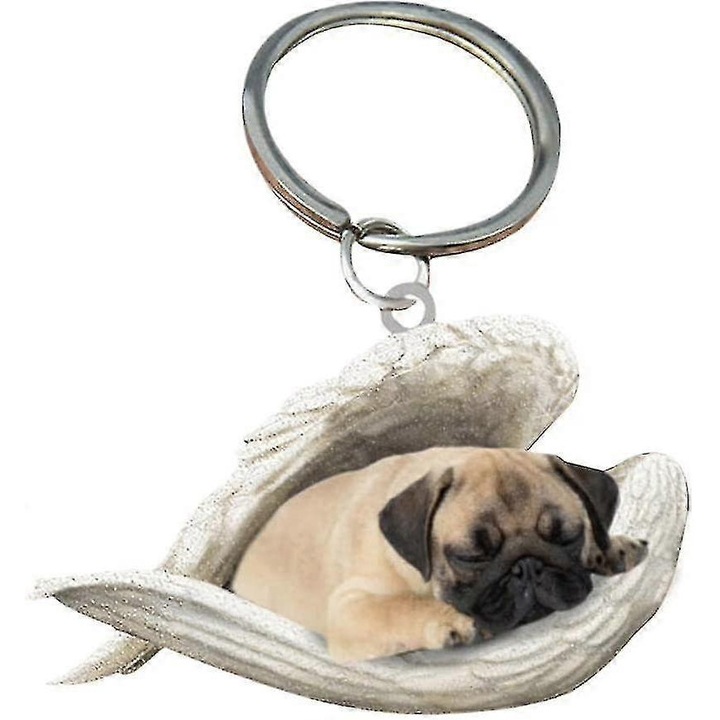 2 darabos akril kulcstartó szett, angyal mopsz kutya modell, fehér/bézs