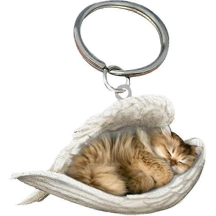 2 db-os akril kulcstartó szett, angyalmacska mintával, barna/fehér