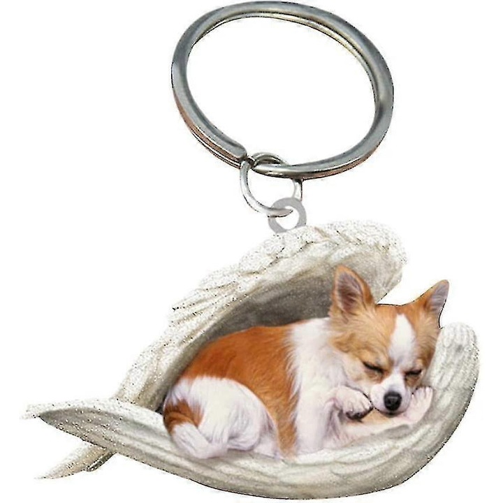2 db-os akril kulcstartó szett, angyal Chihuahua kutya mintával, fehér/barna