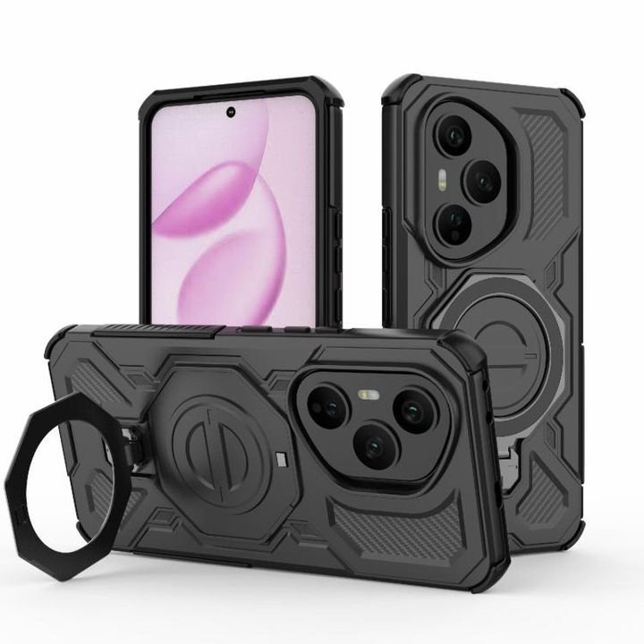 Калъф за Honor 400 Pro Carbon Shield PRO с въртящ се на 360 градуса пръстен, съвместим с Magsafe, противоударен, първокласно качество, Daden, черен