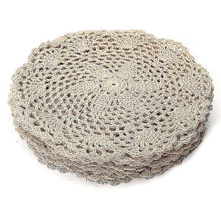 Set 12 suporturi de pahare, din bumbac, dantela crosetata, model floral, bej, 20cm