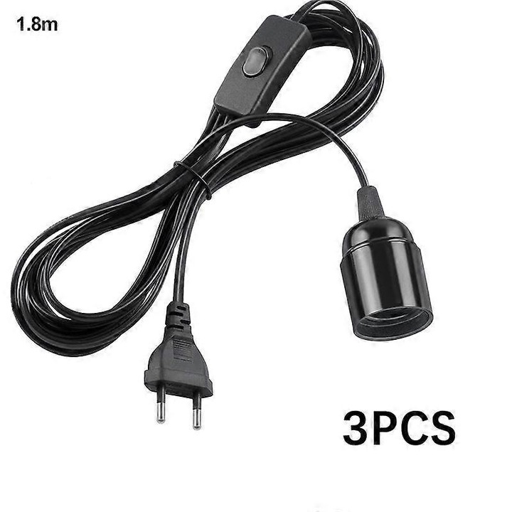 Set 3 suporturi pentru becuri E27 cu cablu de alimentare de 1.8m, alb/negru, priza EU
