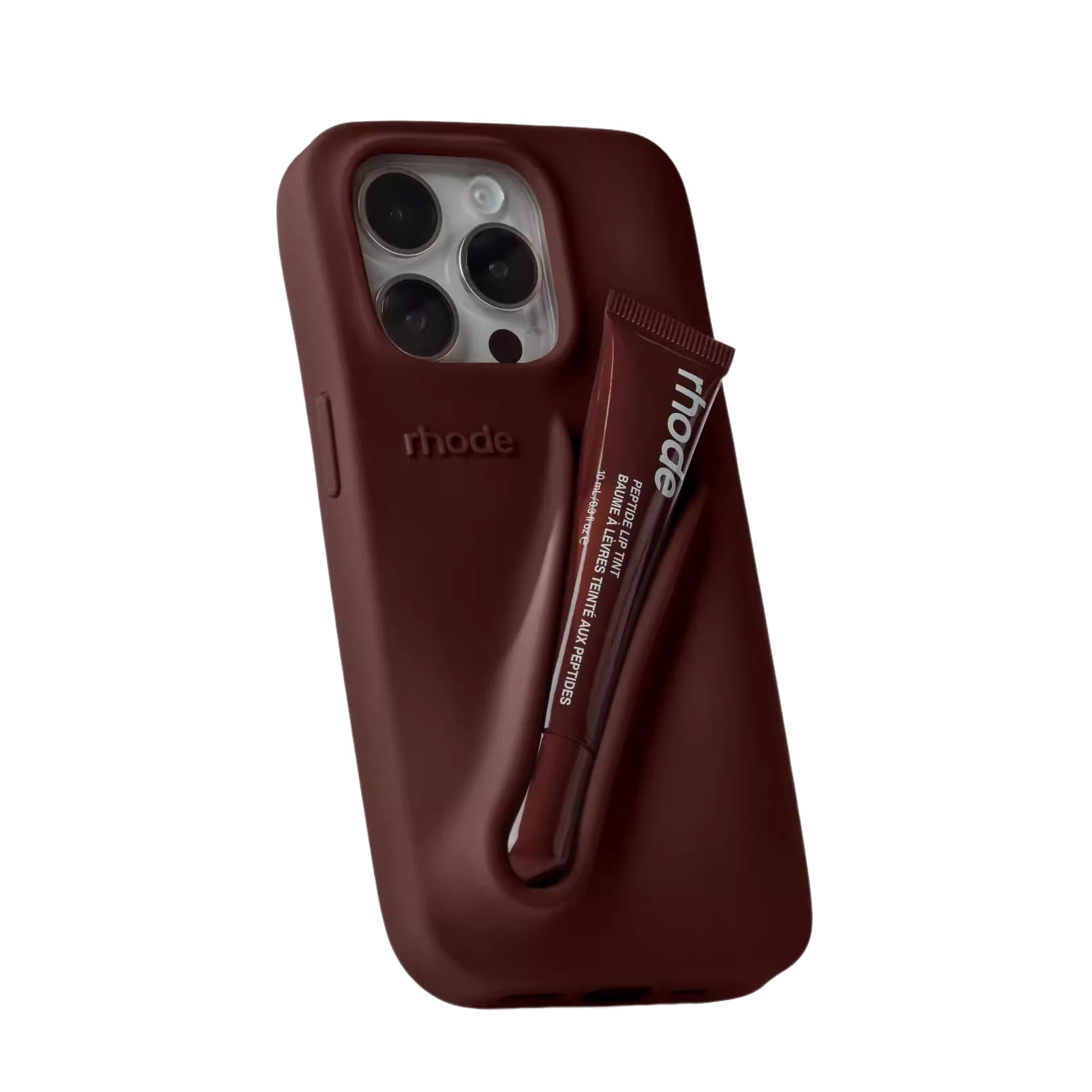 Husa telefon Rhode, set cu ruj, silicon, maro, pentru iPhone 16