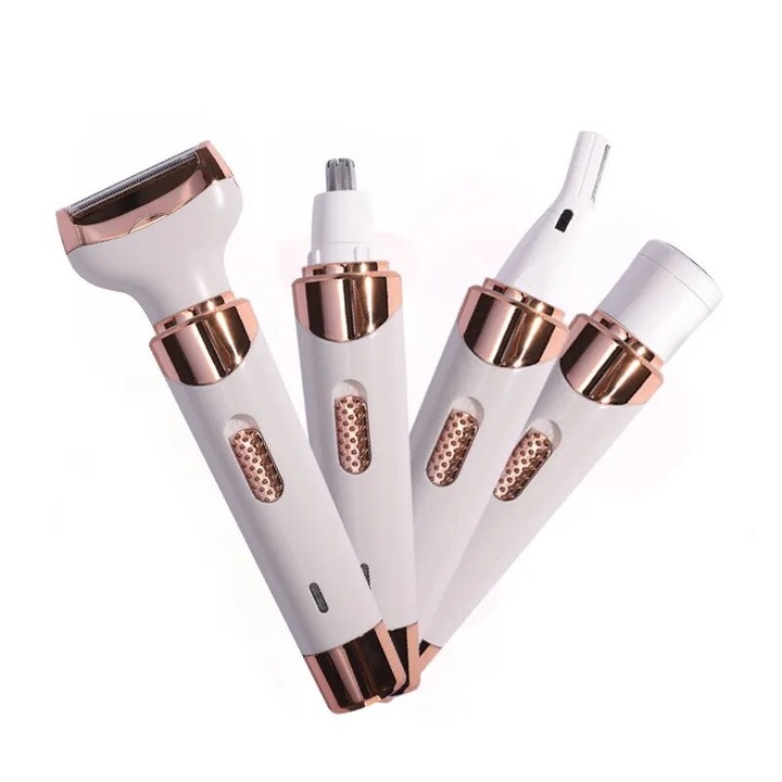Set epilator 5 in 1, trimmer pentru fata si corp, incarcare USB, alb/roz