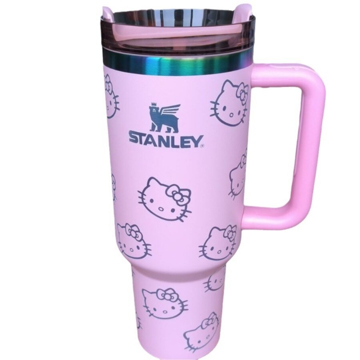 Termos Stanley, capacitate 1180 ml, roz deschis, design cu pisica cartoon, cu capac avansat