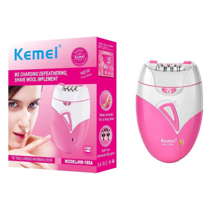 Епилатор Kemei 189A, 2 скорости, интелигентно осветление, розов, преносим