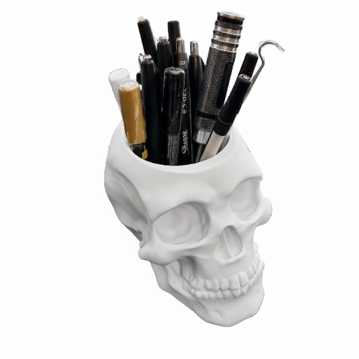 Suport haios pentru birou, model craniu, culoare alb, suport creioane si pixuri, material bioplastic ecologic 3D