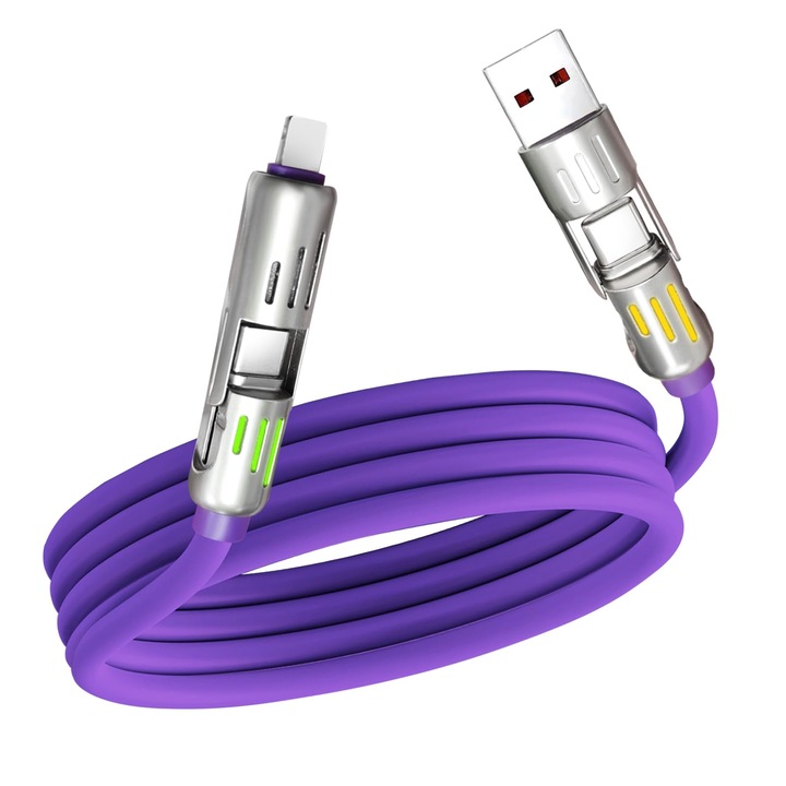 Cablu de Încărcare 4in1, Violet, 1.5m, Incarcare Rapidă, USB-C, USB A, Lightning